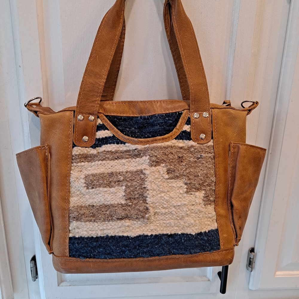 Moon Water Co Tan Leather & Woven Textile Patterned Convertible Satchel